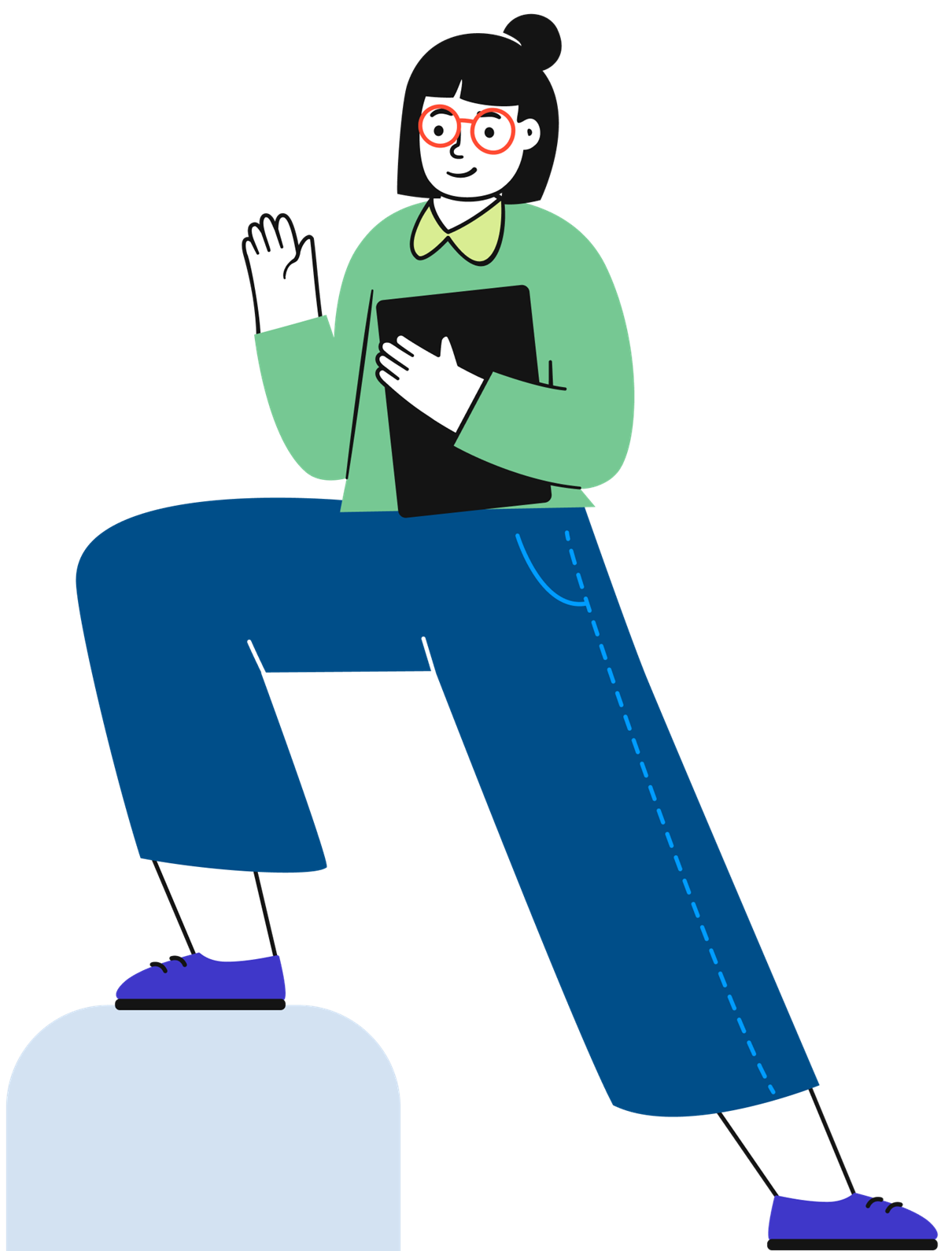 Friendly illustration of a person with glasses holding a tablet